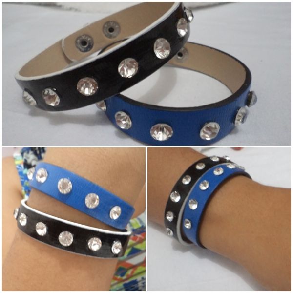 Pulseiras em couro e strass